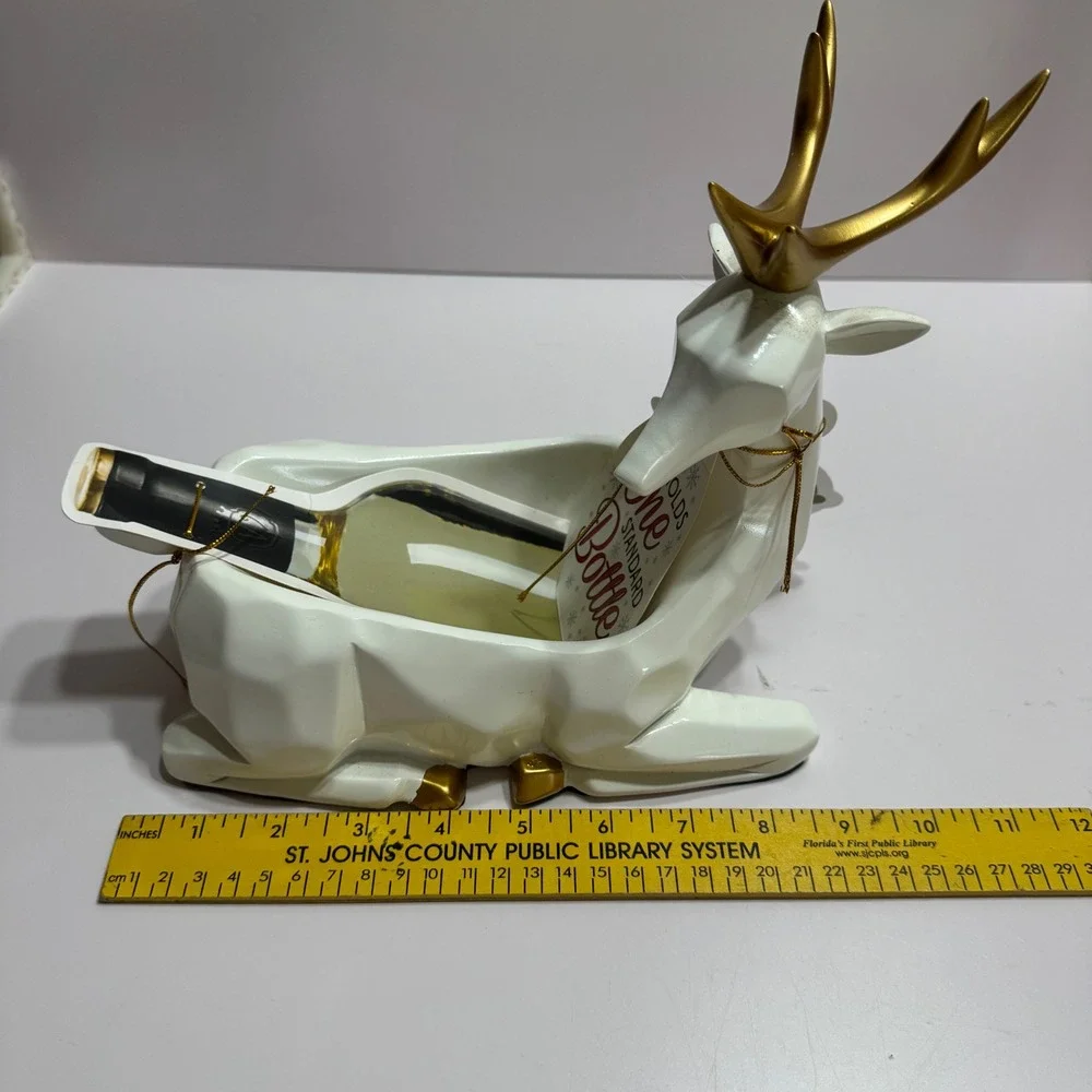 Wild Eye Designs White Gold Reindeer Wine Bottle Holder Geometric Ceramic Deer